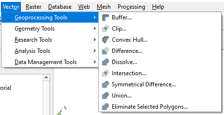 IMage showing the buffer tool situated within the vector dropdown menu.