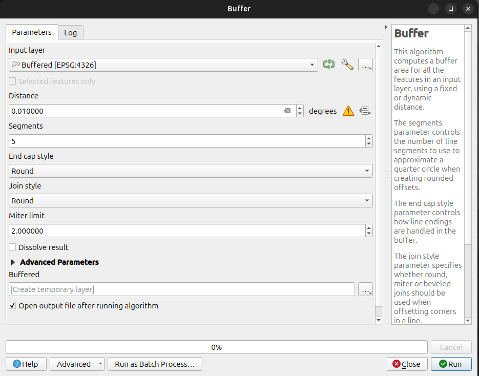 QGIS warning about buffering in degrees