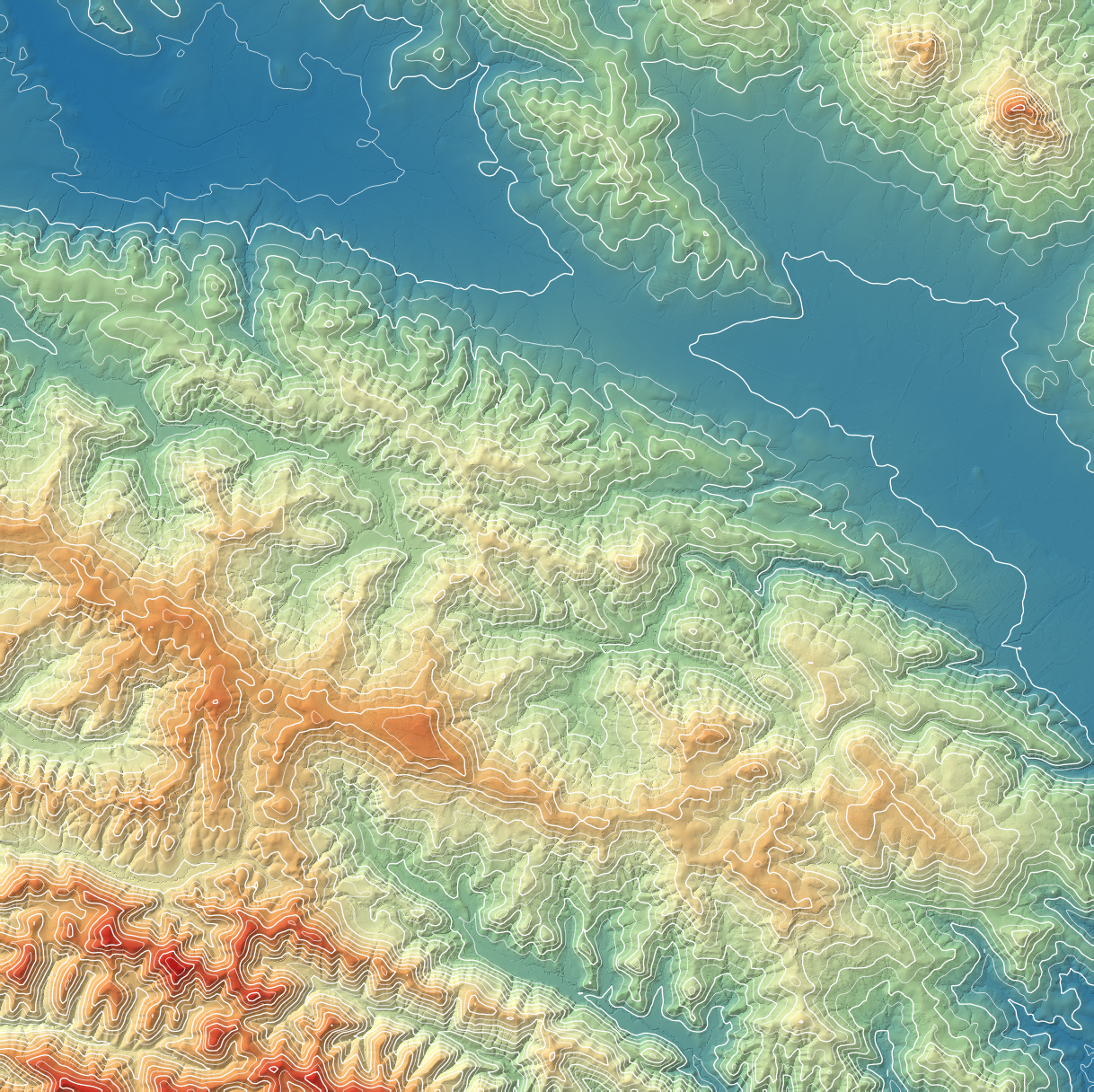 Image showing a DEM with hillshade and contour lines layered on top