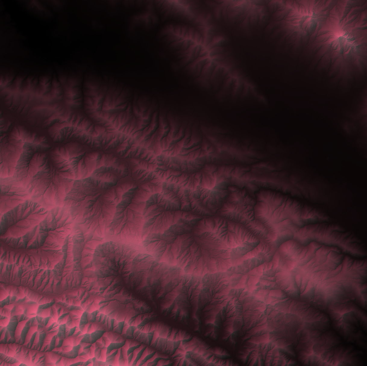 Image showing a DEM with hillshade render changed to a red gradient