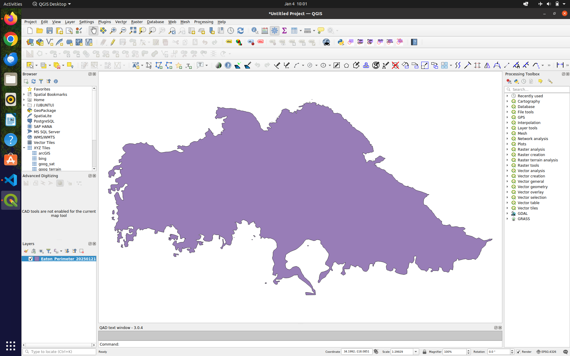 Image showing the eaton fire perimeter polygon within QGIS