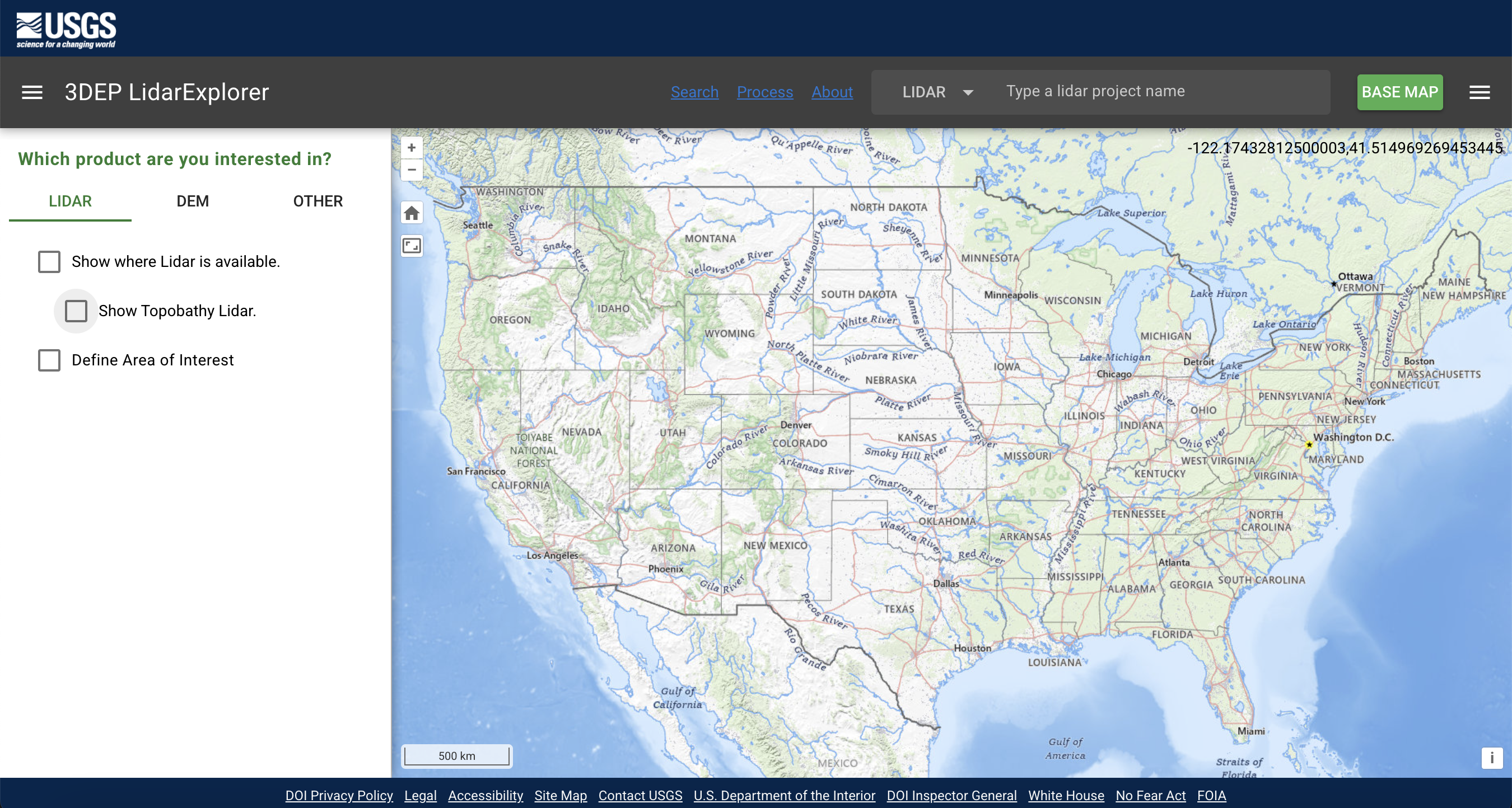 Image showing initial map that loads when launching the USGS LiDAR Explorer Application