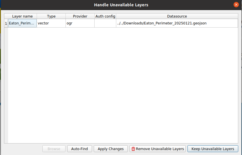 Image showing the handle unavailable data dialogue window in QGIS